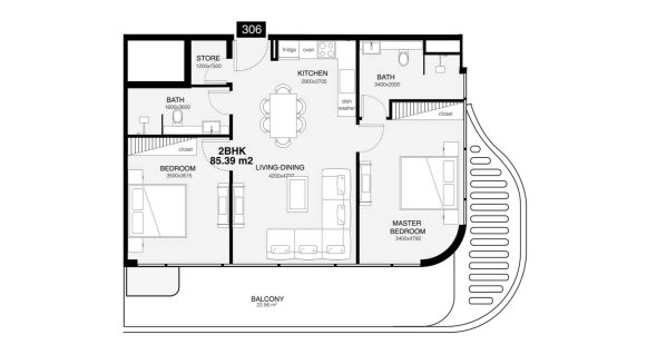 Планировка квартиры 2 спальни в ЖК Villa Del Gavi № 11018 (2D)